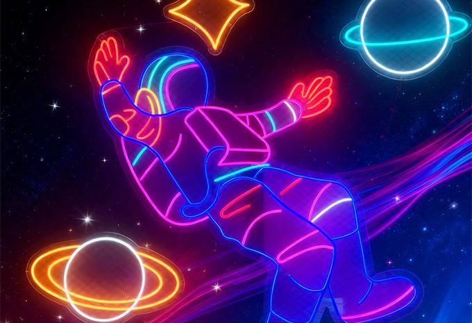 Cyber Neon Astronaut: High-Saturation Colors & Flexible LED Strips – Immersive Photo Spot for Parks & Mall Atriums