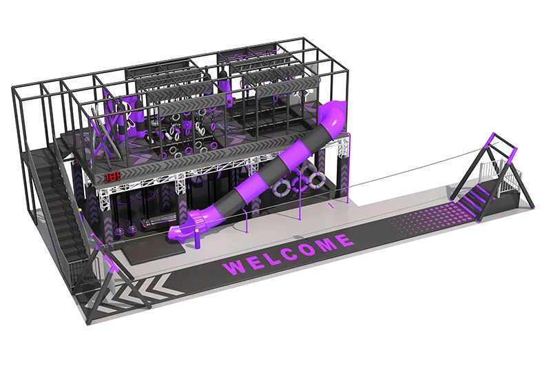Compact Two-Tiered Indoor Play System: Multi-Functional Ninja Course, Spiral Slide & Zip Line – Maximizes Vertical Space