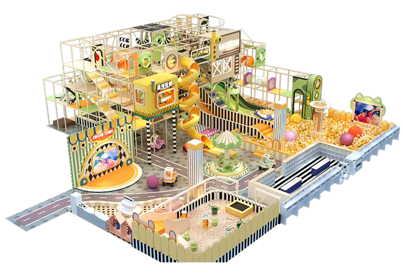 Modern Themed Indoor Playground with Traffic Town, Stage & Multi-Slide Ball Pit – Warm Yellow-Green Palette for Malls & FECs