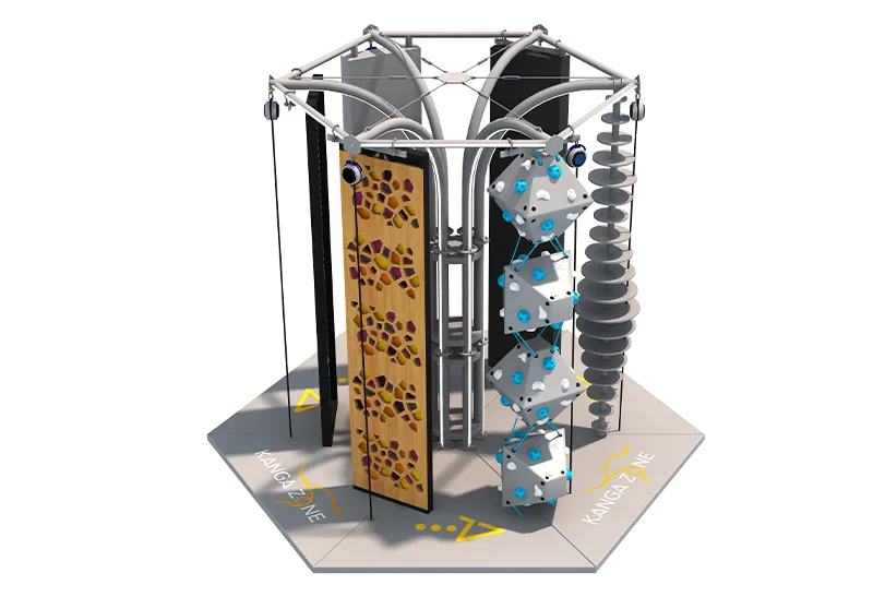 Hexagonal Industrial-Style Play Tower: Central Pillar with 4 Modules – Rubik's Cube, Spiral Wall, Rope Net & Obstacles