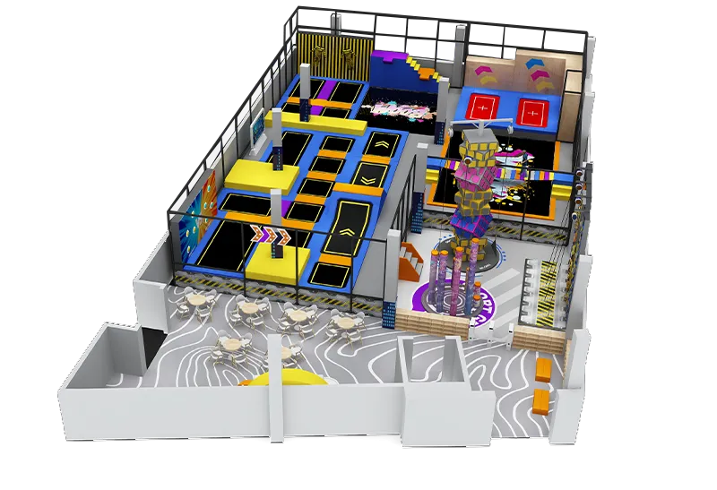 Vibrant Blue-Yellow-Pink Trampoline Park: Multi-Jump Zones, Climbing Tower, Foam Pits & Seating Area for Groups