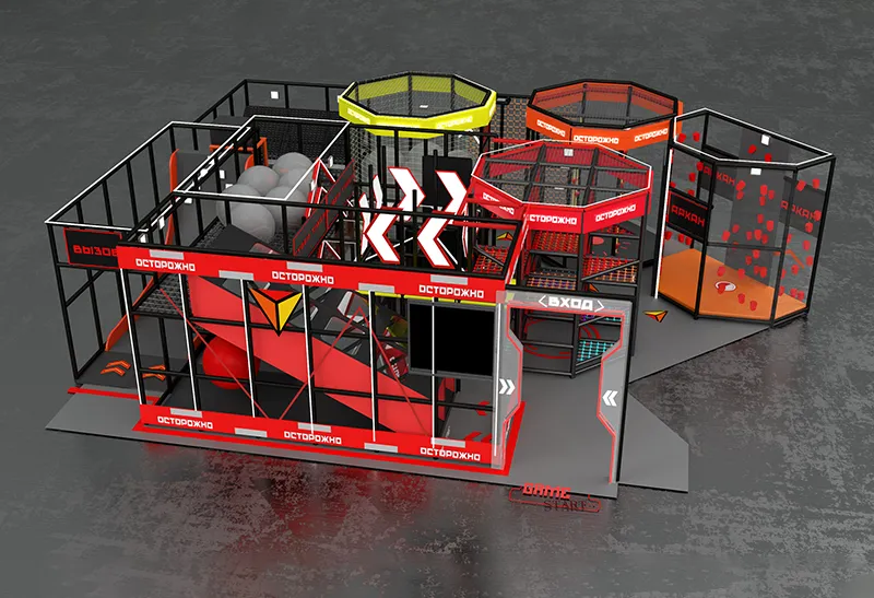 Cyber-Industrial Black-Red-Orange Indoor Course: 3D Multi-Layered Obstacle Structure with High-Security Modular Design