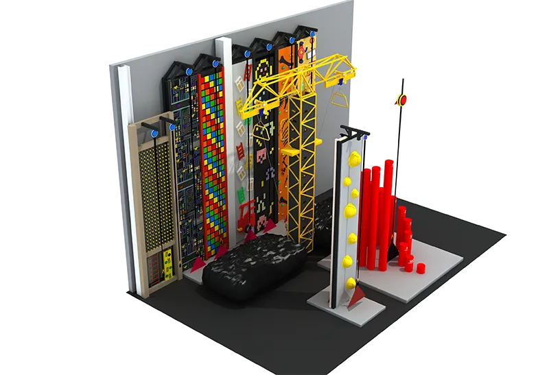 Multi-Faceted Obstacle Course System: Pixel Climbing Wall, Interactive Wall, Tower Crane & Vertical Descent Wall
