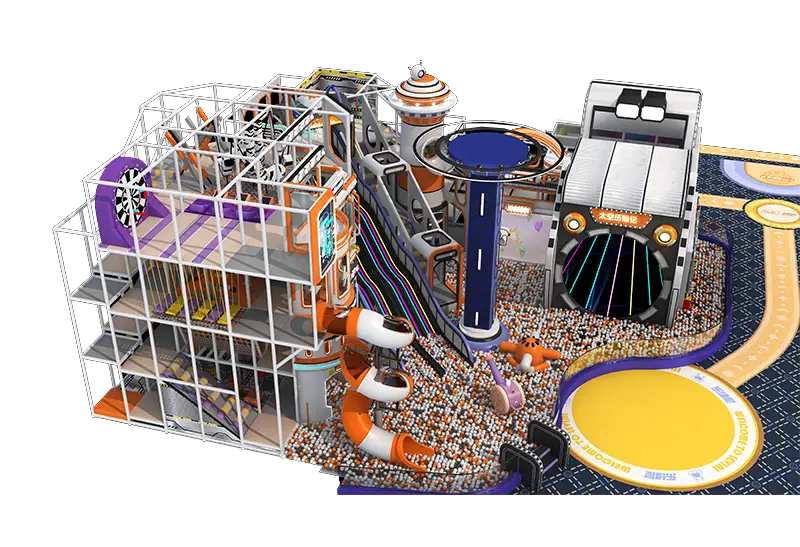 Custom Space-Themed Indoor Playground: Glowing Light Slides, Fast Tube Slides, Trumpet Slides, Ball Blaster Zone & Massive Ball Pit