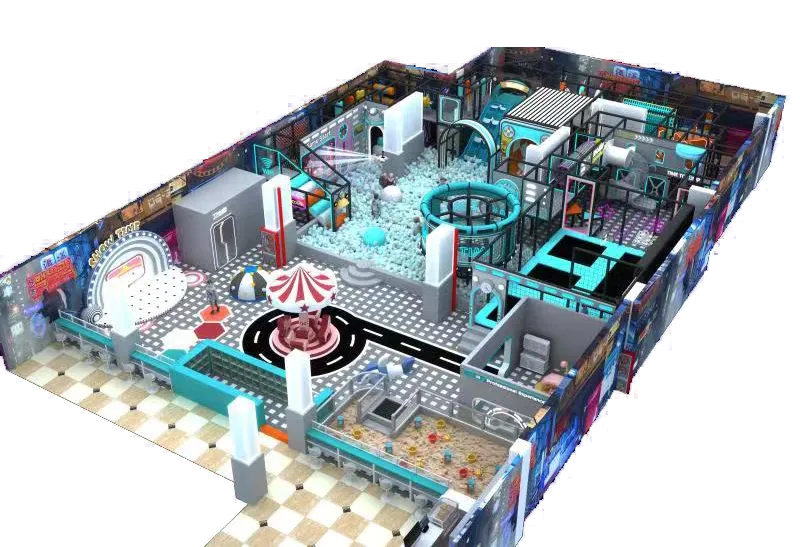 Cyber-Industrial Play Center: Ball Pit, Trampolines, Sandpit, Role-Play & Kids' Performance Stage for Fun Talent Shows