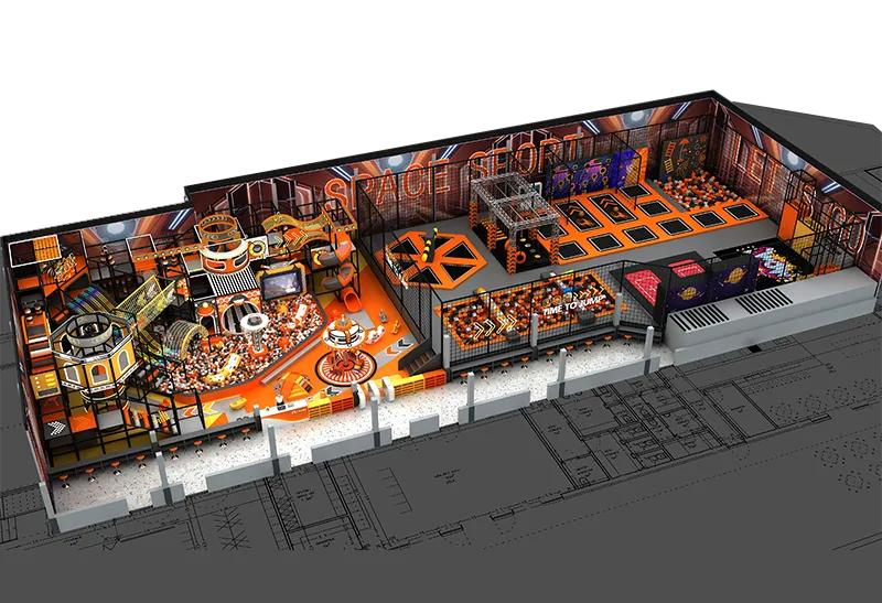 Space-Themed Orange Indoor Adventure Park: Trampolines, Foam Pits, Multi-Level Structures & Interactive Games for All Ages