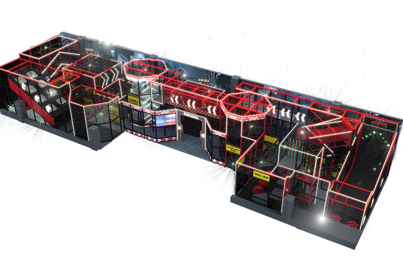 Cyberpunk Style Indoor Attraction: Red-Black Scheme, Neon Strips & Warning Signs – Multi-Dimensional Challenge Matrix