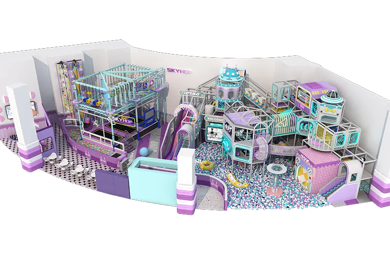 Pastel Space-Themed Indoor Playground: Trampoline, Ball Pit, Obstacle Course, Climbing Wall & Party Seating Area for Kids