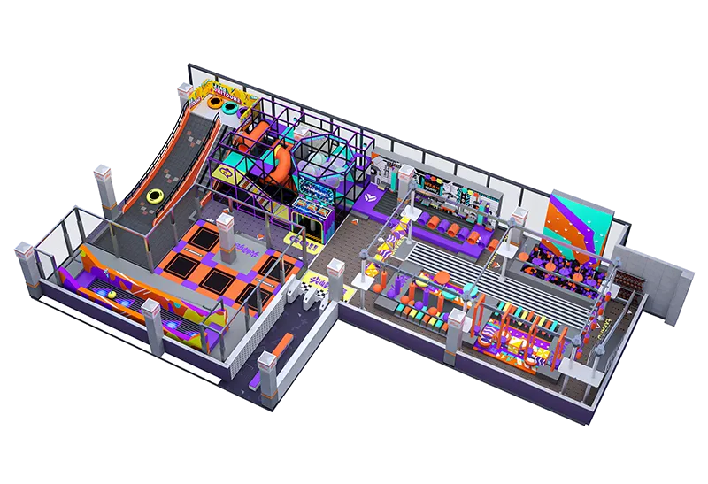 High-Energy Neon Play Venue: Freestyle Jump Zones, Wipeout Obstacles, Soft Play & Climbing in Sleek Colorful Design