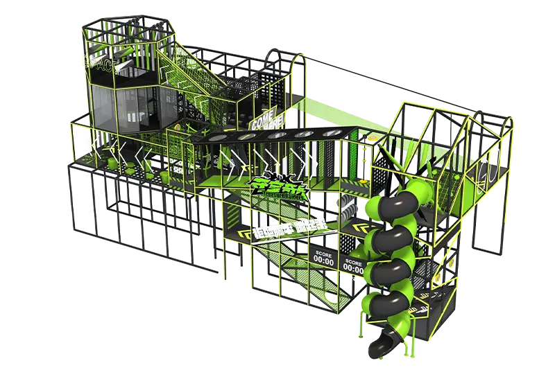 Treasure Hunt Themed Black-Green Industrial Course: Rope Climbing, Obstacles, Balance & Spiral Slide for Families