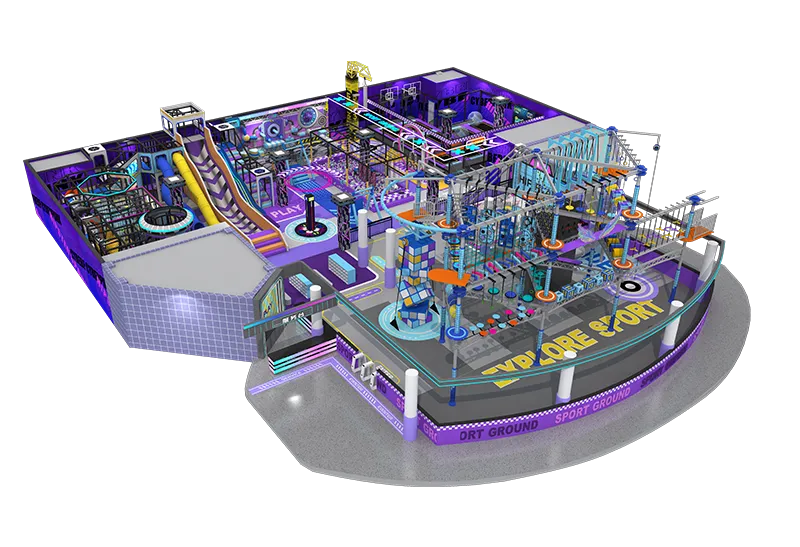 High Rope & Wall Adventure Indoor Playground: Elevated Obstacle Course, Climbing Wall, Trampoline & Gamified Challenge Stations