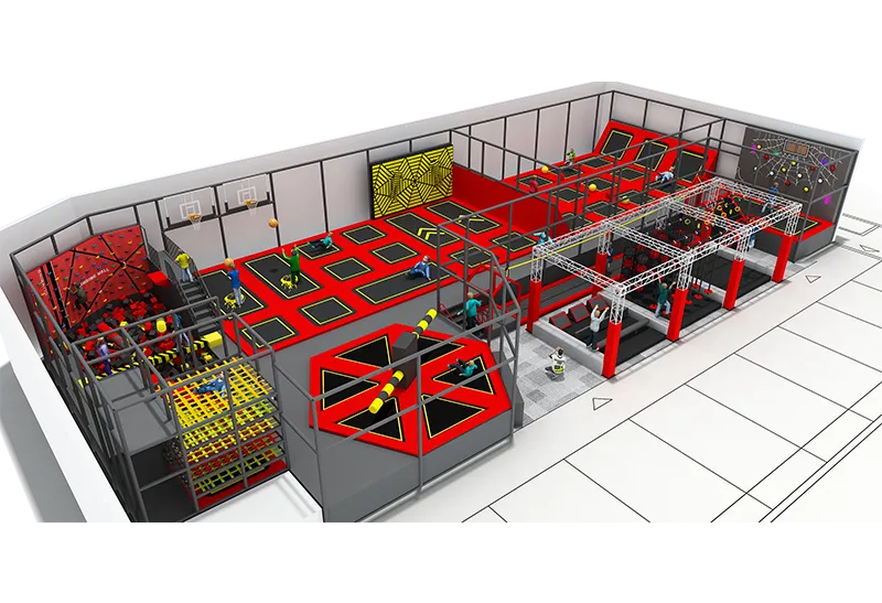Red-Accented Indoor Adventure Venue: Large Trampoline Grids, Obstacle Rigs, Climbing Walls & Seating Zones for Groups