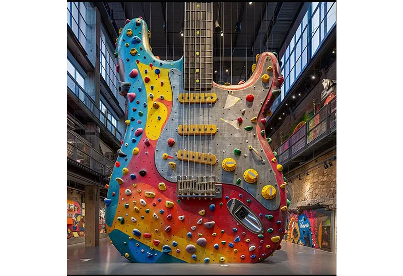 Giant Guitar Art Climbing Wall: Colorful Tiered Zones for All Skills – Industrial-Style Check-In Destination