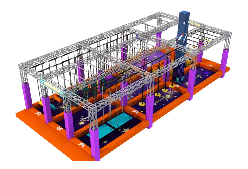 Integrated Ninja Course: Rings, Bars, Walls & Bridges – Modular & Themed (Space/Pixel) Design for Any Venue