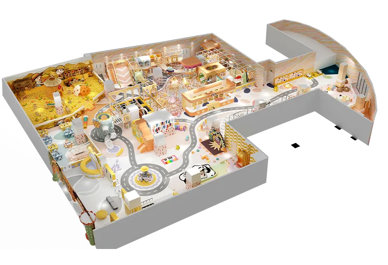 Warm Macaron-Style Indoor Playground: Open Layout with Ball Pits, Slides, Role-Play Areas & City-Style Circulation Paths