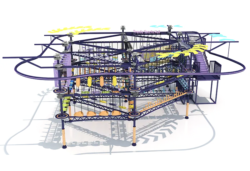 Multi-Level Circular Red-Black Rope Course: Long Elevated Spiral Track – Maximizes Vertical Space for High-Traffic Venues