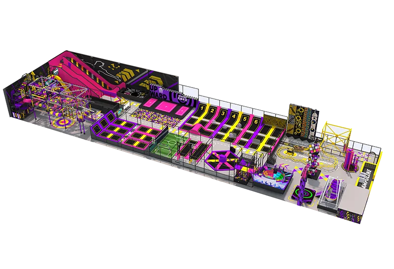 Bold Neon-Inspired UPWARD Complex: Trampoline Zones, Soccer Field, Mechanical Bull, Go-Karts & Light-Up Floors