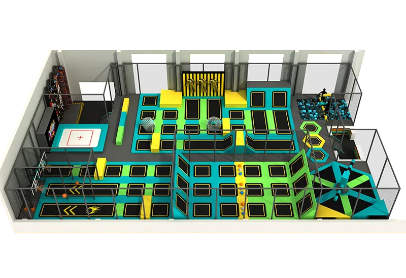 Bright Teal-Green Trampoline Park: Freestyle Zones, Basketball Hoops, Foam Pits, Wipeout Challenges & Climbing Wall