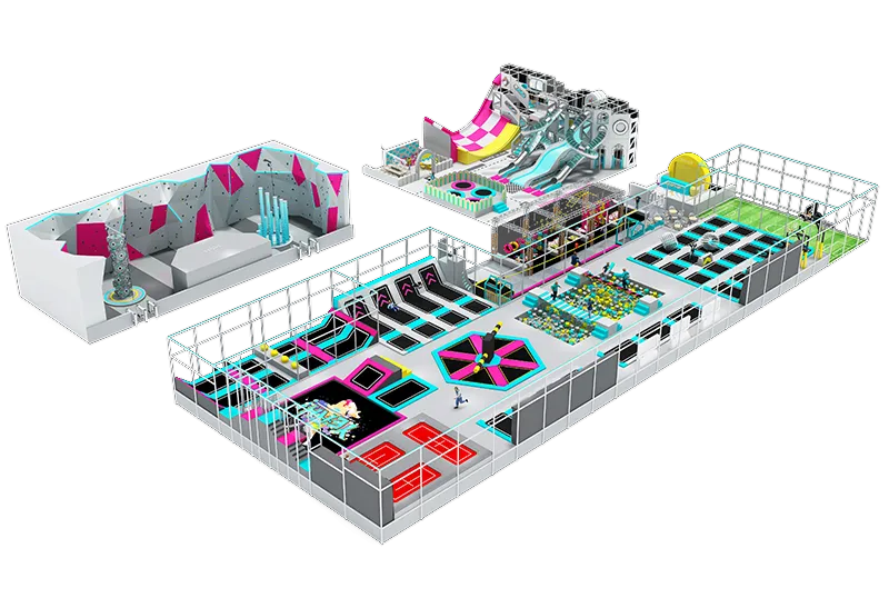 All-in-One Cyan-Pink Family Facility: Trampolines, Soft Play, Soccer Field, Climbing Wall & Lounge Area for All Ages