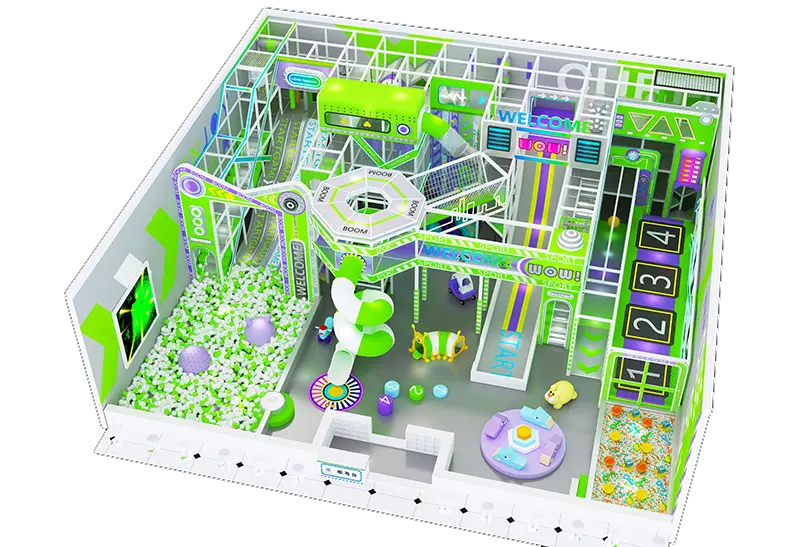 Vibrant Green-Purple Play Structure: Layered Obstacle Course, Twisty Slides, Climbing Frames, Game Zones & Play Tracks