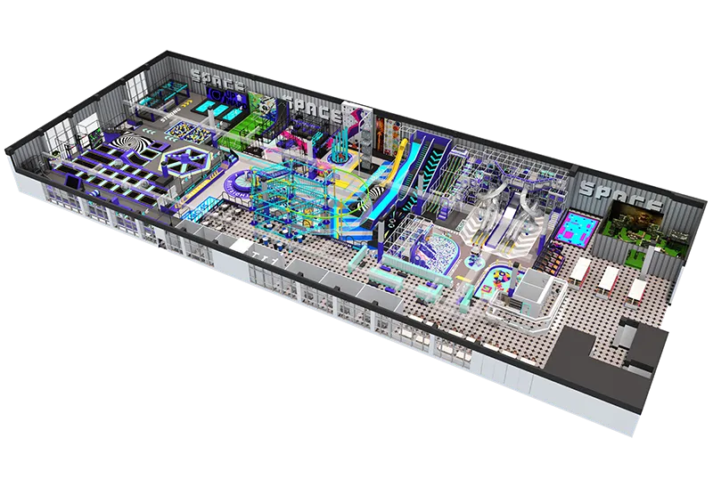 SPACE Themed Blue-Purple Trampoline Park: Jump Zones, Neon Slides, Soft Play, Ball Pit, Soccer & Arcade Games