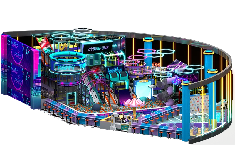 Cyberpunk Multi-Level Play Center: Neon Pink-Blue Glow, Huge Slides, Ball Pits, Climbing Nets & Game Screens for Endless Adventure