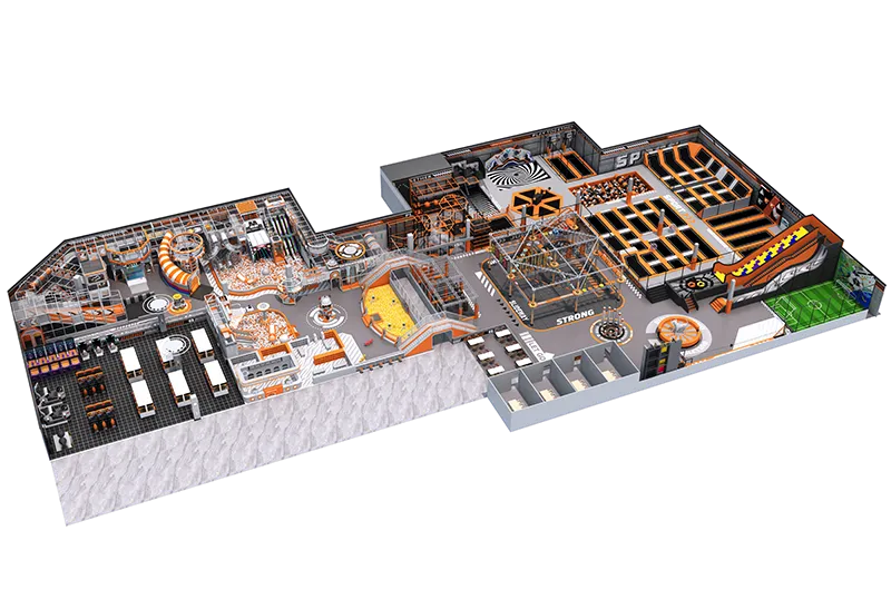 STRONG Orange-Black Trampoline Park: Jump Zones, Basketball Hoops, Foam Pits, Soft Play, Spiral Slides & Soccer Field