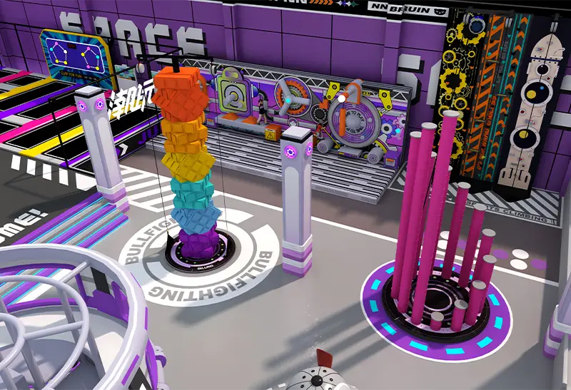 Cyberpunk Themed Social Media Hotspot: Purple-Orange Colors, Modular Obstacles & Interactive Walls – Immersive Competitive Play