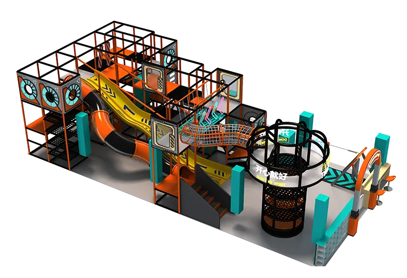 Orange & Teal Indoor Play Center: Multi-Level Obstacles, Slides, Climbing Nets, Interactive Stations & Large Ball Pit