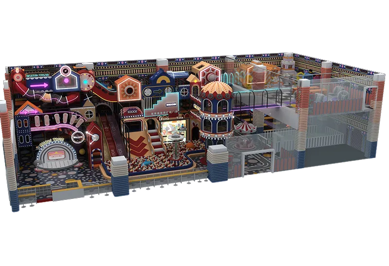 Tech-Themed Layered Play Center: Space Capsule Design, LED Accents & Highly Transparent Layout for Maximum Space Use
