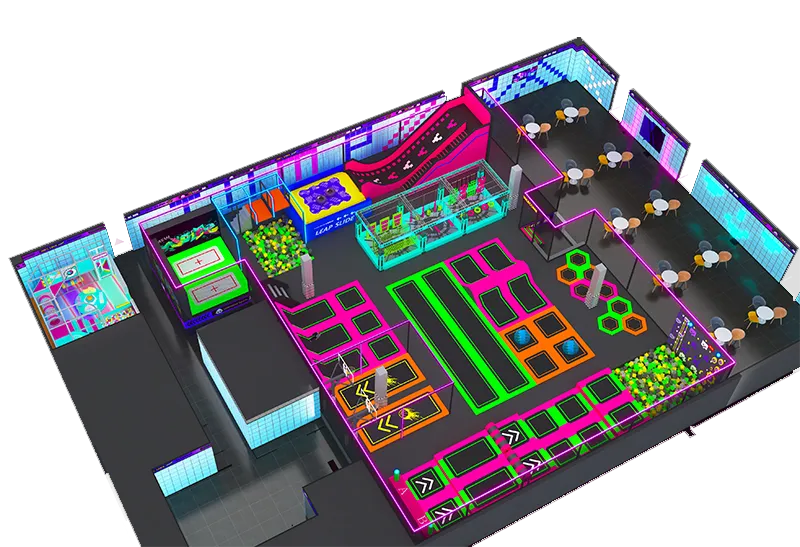 Futuristic Neon Purple Indoor Play Venue: Freestyle Trampolines, Challenge Games, Wipeout Obstacles & Lounge Area