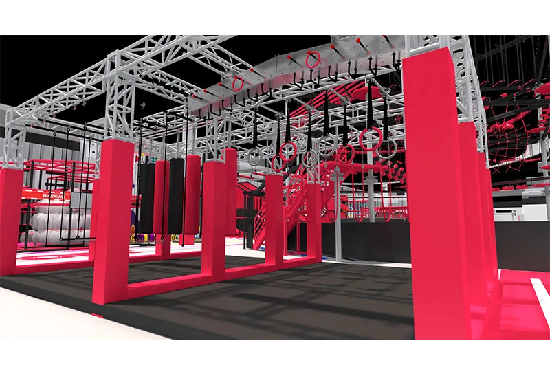 Professional Red-White Ninja Training Facility: Rings, Bars, Sandbags & Climbing Structures – Full-Body Strength & Coordination