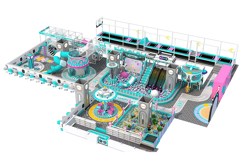 Tech-Themed Tiffany Blue Play Center: Clear Zoned Layout for All Ages with Seamless Immersive Experience