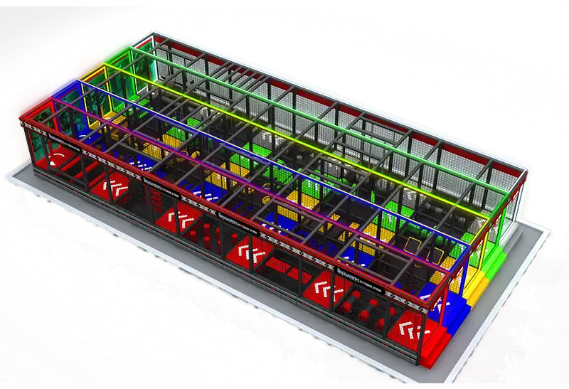 Rainbow-Themed 4-Lane Ninja Obstacle Course: Fully Enclosed Safety Netting, Simultaneous Racing – Modular for Any Commercial Space
