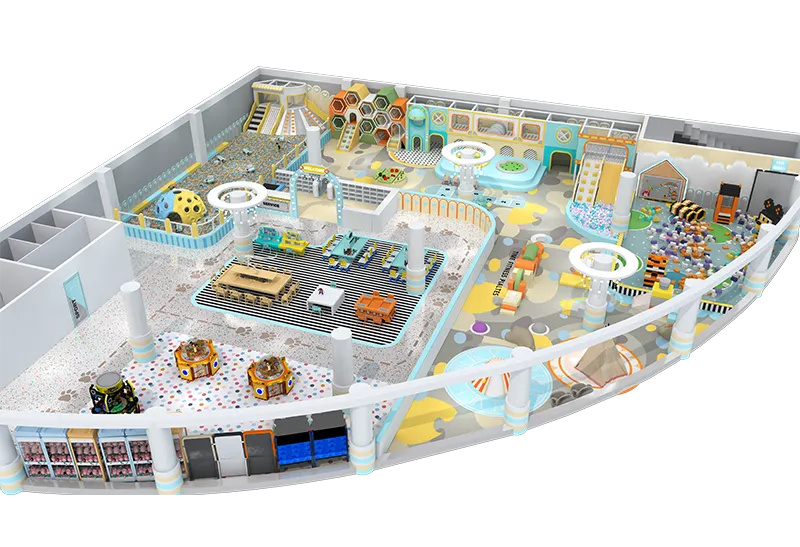Bright Blue-Yellow Play Space: Ball Pits, Slides, Craft Tables, Role-Play Zones & Cozy Areas with Kid-Friendly Open Layout