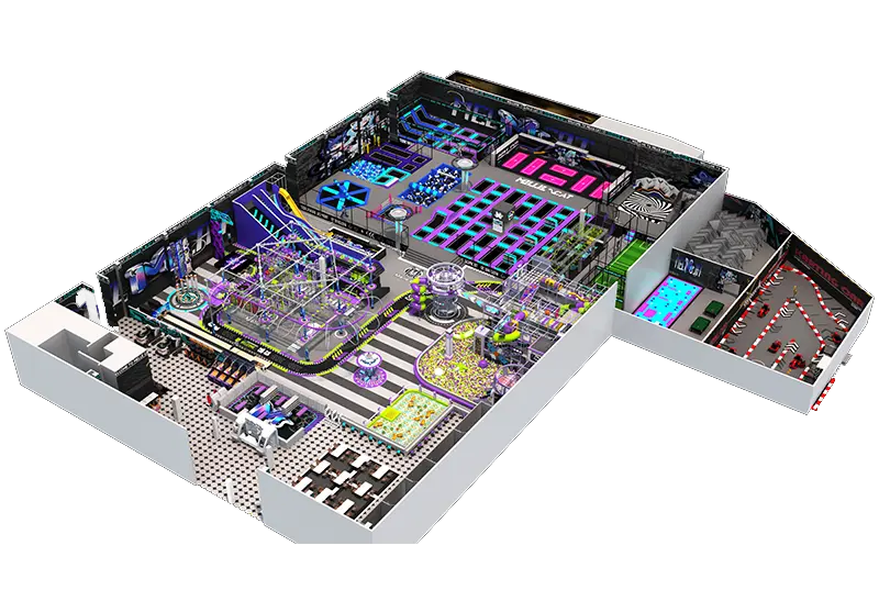 Cyberpunk Neon Purple-Blue-Pink Trampoline Park: Jump Zones, Foam Pits, Obstacle Courses, Go-Kart Tracks & Soft Play