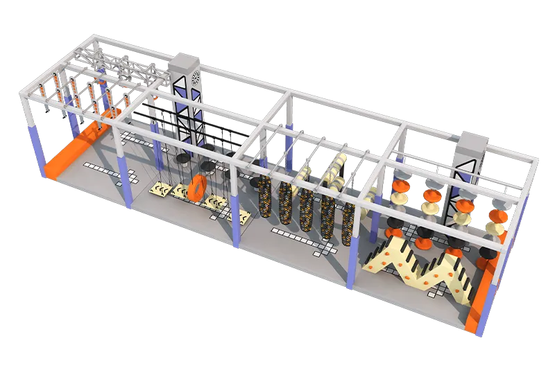 Colorful Ninja Obstacle System: White Steel Frame, Purple-Blue Columns – Covers Strength, Balance, Climbing & Parent-Child Interaction