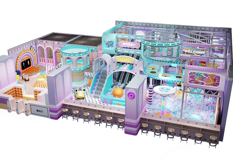 Whimsical Mint-Lavender Play Space: Winding Slides, Ball Pits, Climbing Zones & Cozy Seating Nooks for Family Relaxation