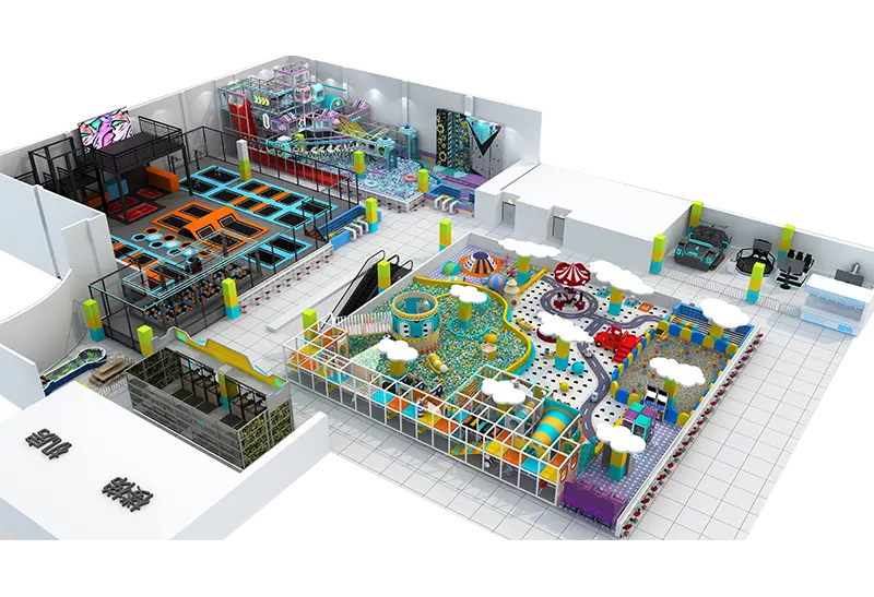 Split-Zone Family Facility: Children's Soft Play Area + Adult Trampoline Park – Gentle & High-Energy Activities Combined