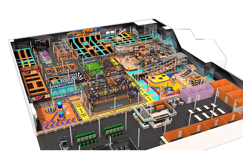 Dynamic Orange-Teal Trampoline Park: Jump Zones, Basketball, Foam Pits, Soccer Field, Ninja Obstacles & Nursery Play