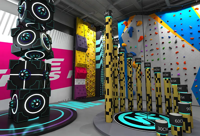 Cyberpunk Neon 3D Climbing Matrix: Cube Tower, Cylindrical Obstacles & Climbing Wall – All-Ages Competitive Play