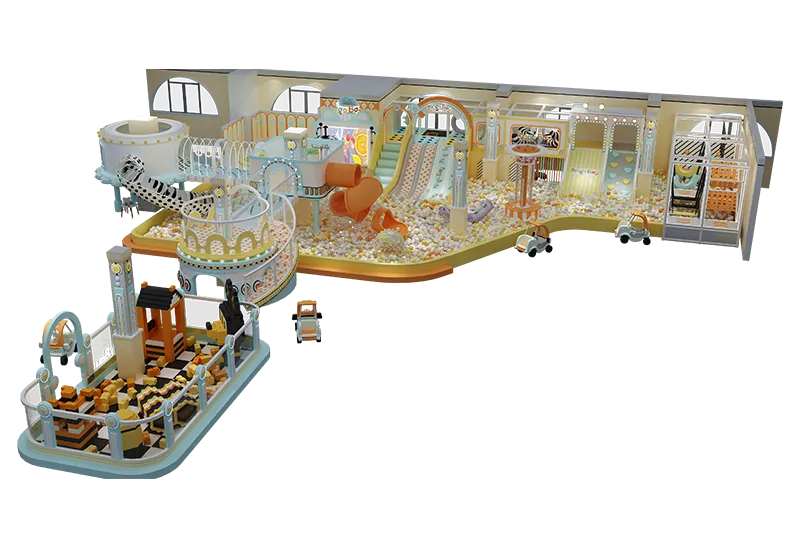 Cozy Yellow-Mint Family Play Center: Wide Slides, Ball Pits, Ride-On Cars, Building Blocks & Toy Houses for Imaginative Fun