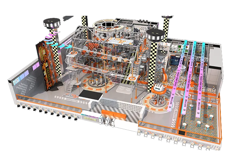 Edgy Orange-Gray Indoor Playground: Multi-Tiered Obstacles, Climbing Nets, Challenge Tracks & High-Octane Activity Hub for Kids