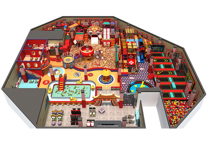 Chinese Themed Indoor Playground: Red/Gold Design, Dual-Color Trampolines, Foam Pit, Pretend Play & Large Ball Pit