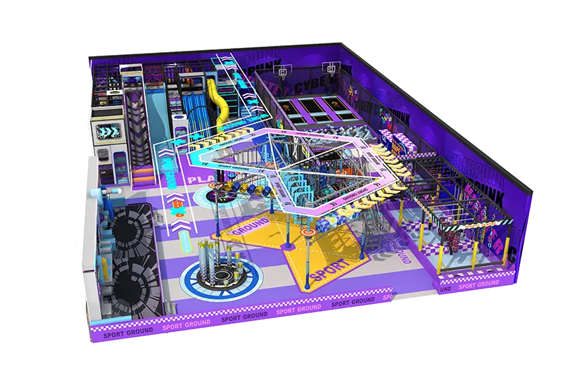 CYBERPUNK All-in-One Family Facility: Bumper Cars, Slides, DIY Craft Area, Carousel & Trampolines for All Ages