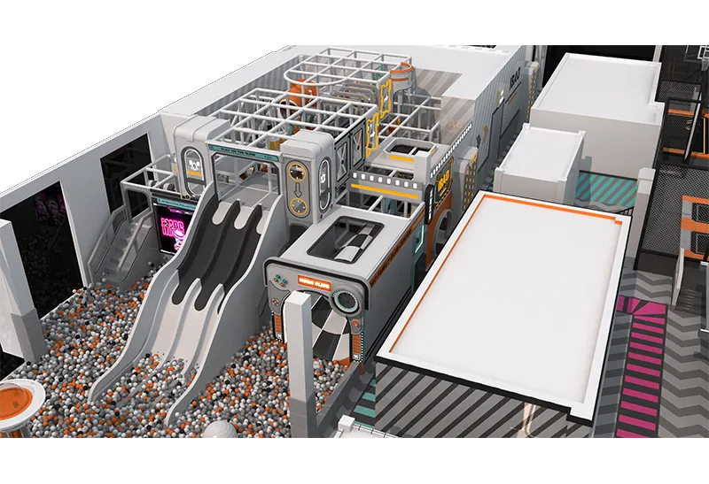 Futuristic Gray-Orange Indoor Playground: Long Slides, Massive Ball Pit & Cool Game Decor – Perfect for Endless Active Fun