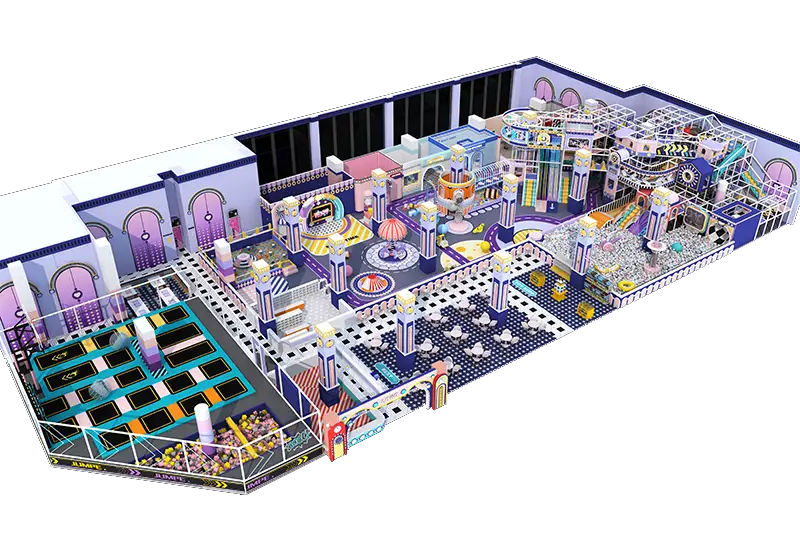 Pastel Purple-Pink Family Center: Unique Column Design, Performance Stage, Role-Play, Ball Pit & Soft Play for All Ages