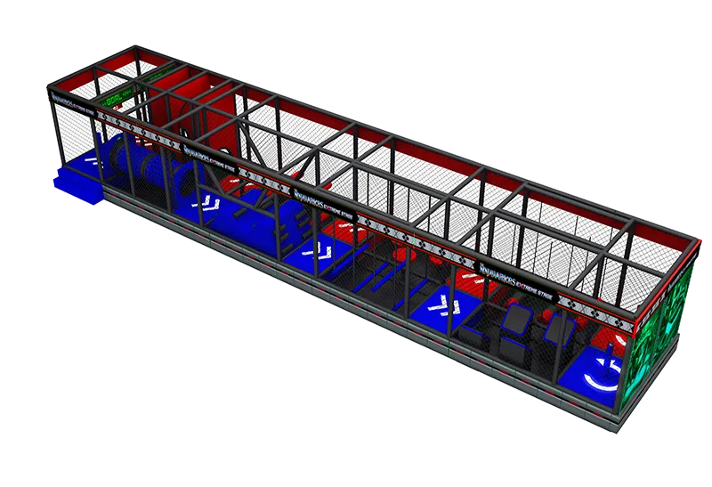 Compact Modular Ninja System: Color-Coded Zones & Clear Arrows – Suspended Net Cylinders, Soft Padding for Indoor Playgrounds