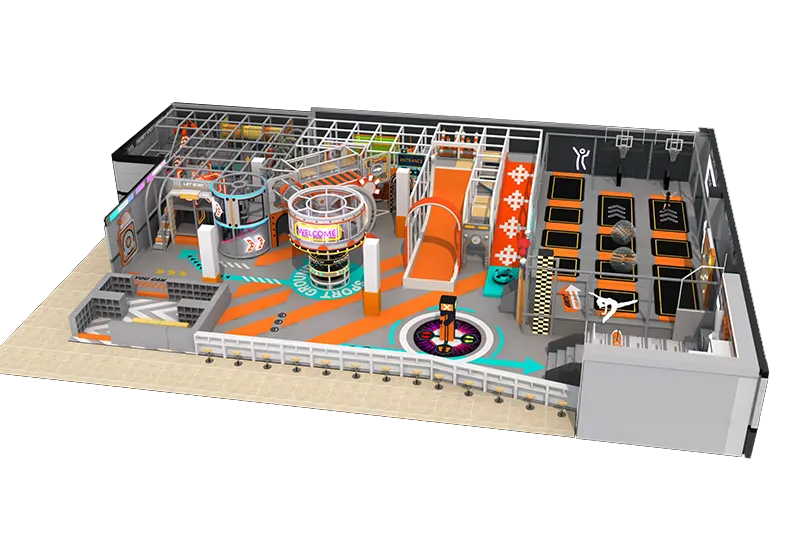 Sleek Sports-Themed Orange-Gray Play Space: Trampoline Park with Obstacle Courses, Fast Slides & Basketball Hoops for Active Fun