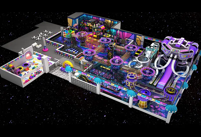 Galaxy-Inspired Play Center: Tunnel-Connected Column Towers, Metal Slide, Rainbow Climbing Tree & Trampoline Zone